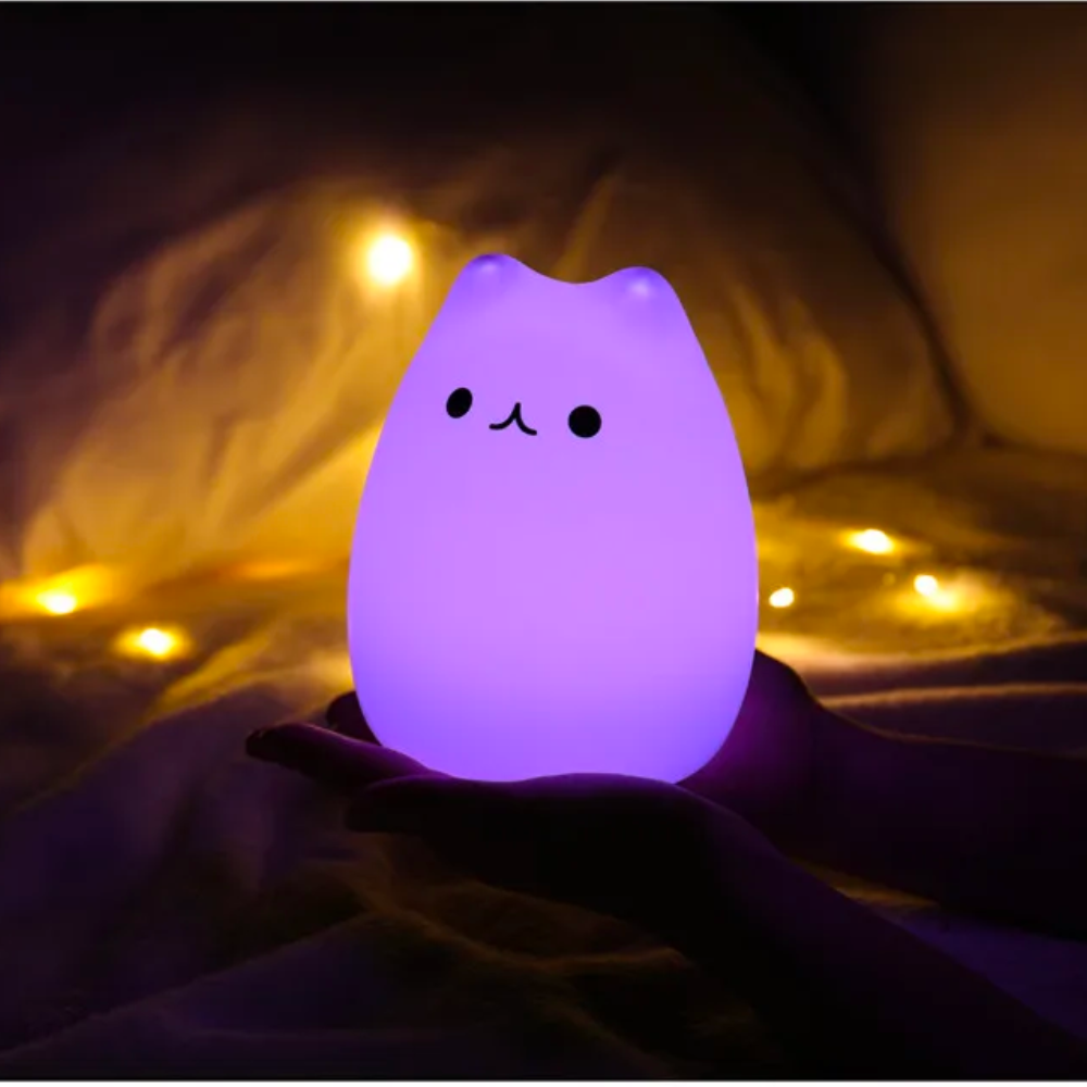 Luminária Noturna Gatinho LED – 7 Cores com Controle por Toque em Silicone Macio