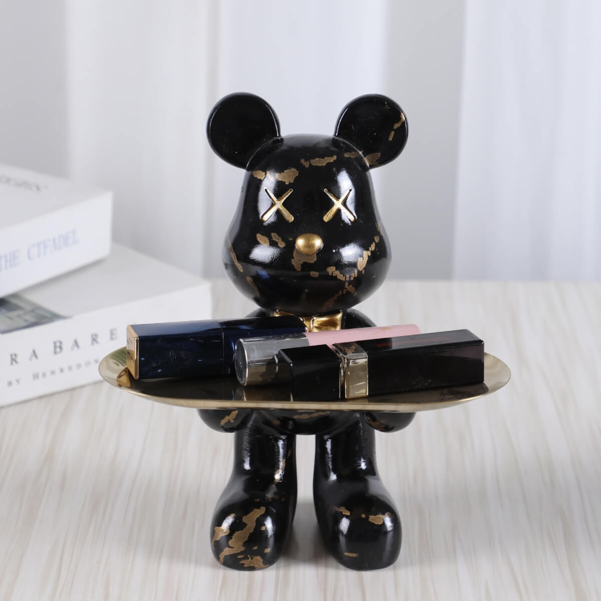 Escultura Urso Graffiti Art com Bandeja em Aço Inox – Peça Única de Design 20cm