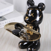 Escultura Urso Graffiti Art com Bandeja em Aço Inox – Peça Única de Design 20cm