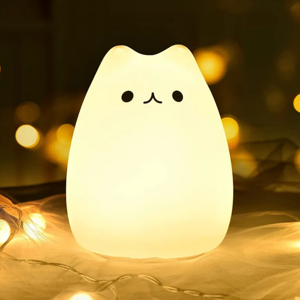 Luminária Noturna Gatinho LED – 7 Cores com Controle por Toque em Silicone Macio