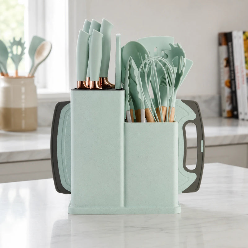 Kit 19 Peças de Utensílios Em Silicone Com Cabo de Madeira