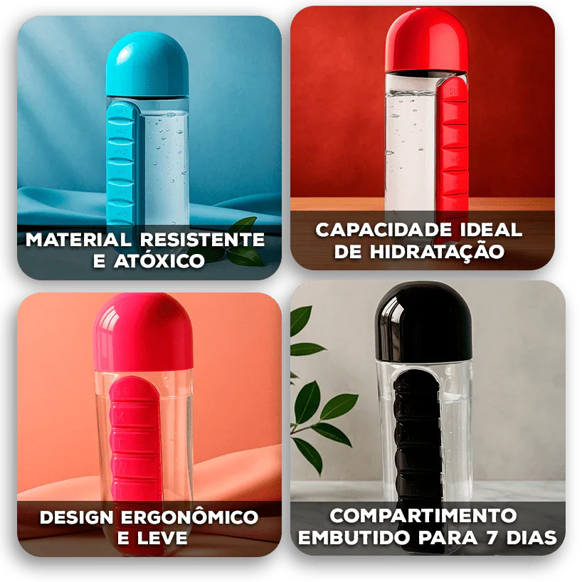 Garrafa AquaOrganize™ com Compartimentos para Remédios e Suplementos