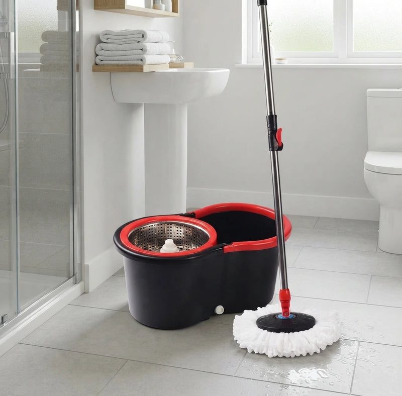 Kit Mop Giratório Com Balde e Cesto de Centrifugação Em Inox