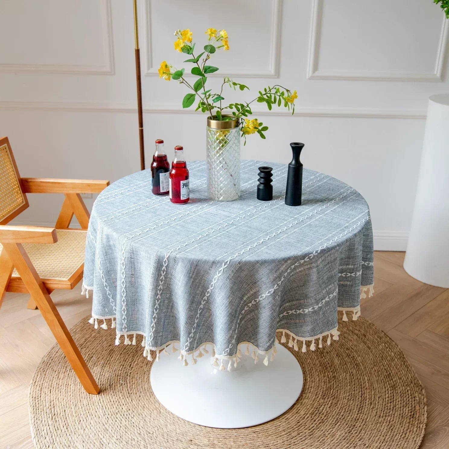 Toalha de Mesa Serra Clara™ em Linho de Algodão com Bordado Geométrico