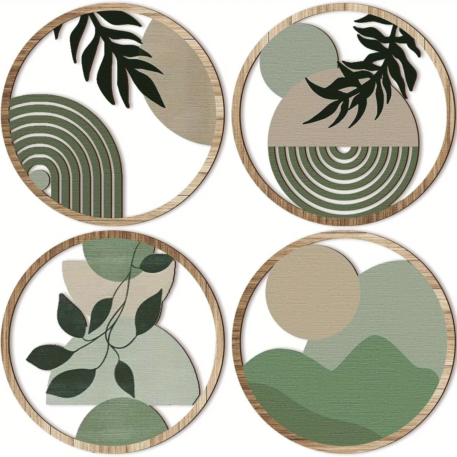 Kit 4 Quadros Redondos de Parede em Madeira – Arte Geométrica Boho Minimalista