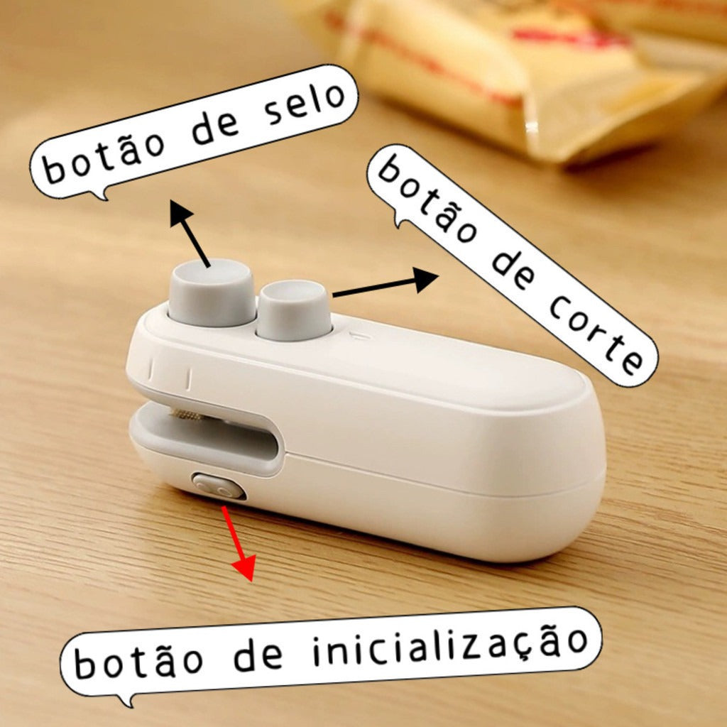 Mini Selador de Sacos para Plásticos e Lanches - 2 em 1