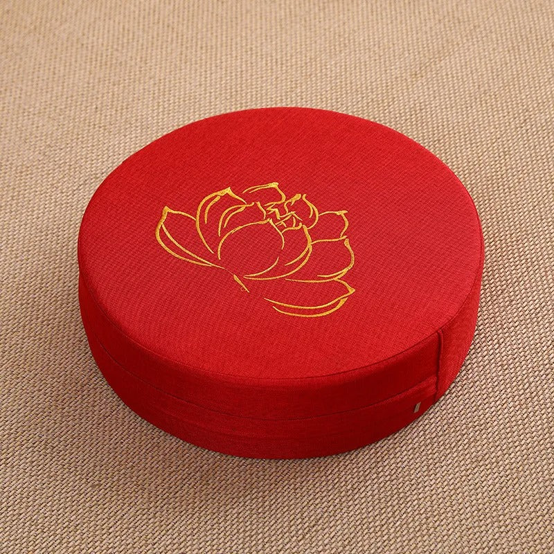 Almofada de Meditação em Linho com Bordado de Lótus – Tatami 40x6cm Lavável