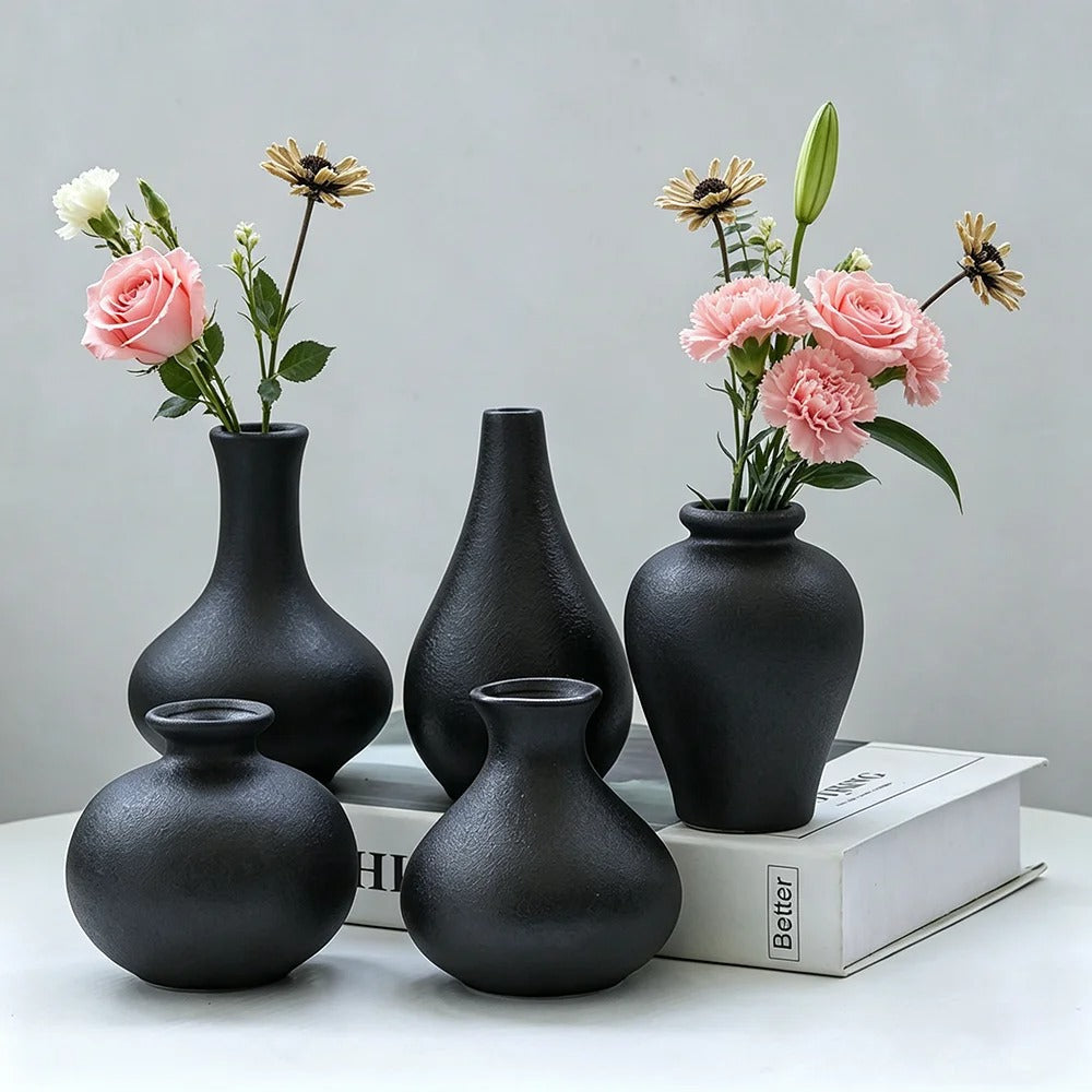 Conjunto 5 Vasos de Cerâmica Preta Fosca Minimalista – Decoração Moderna e Sofisticada