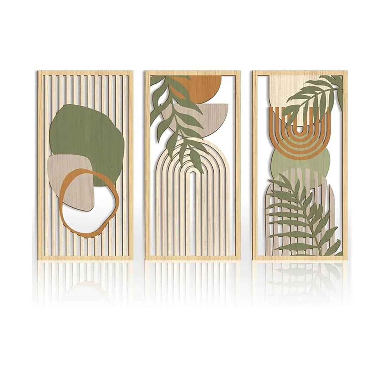 Kit 3 Quadros Decorativos Boho em Madeira – Arte Geométrica Abstrata para Parede