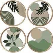 Kit 4 Quadros Redondos de Parede em Madeira – Arte Geométrica Boho Minimalista