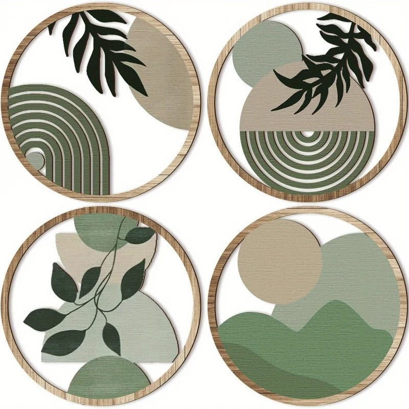 Kit 4 Quadros Redondos de Parede em Madeira – Arte Geométrica Boho Minimalista