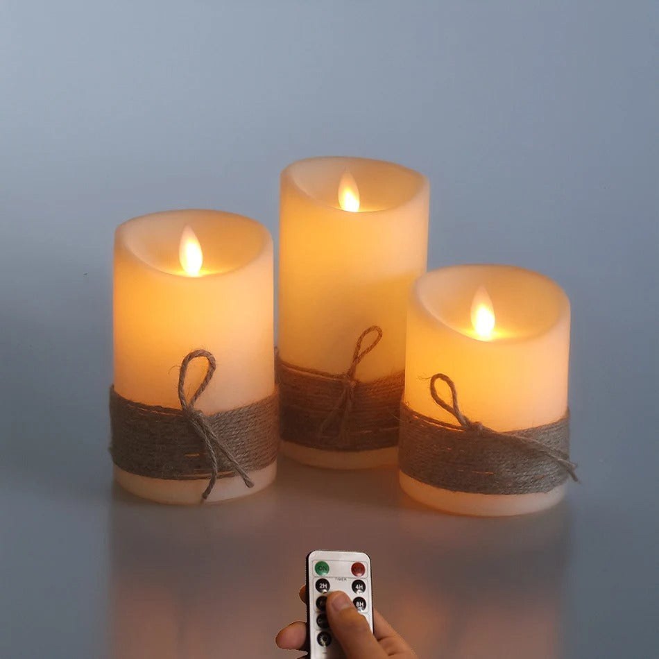 Kit 3 Velas LED com Chama Dançante – Sem Fio, com Corda Rústica Decorativa