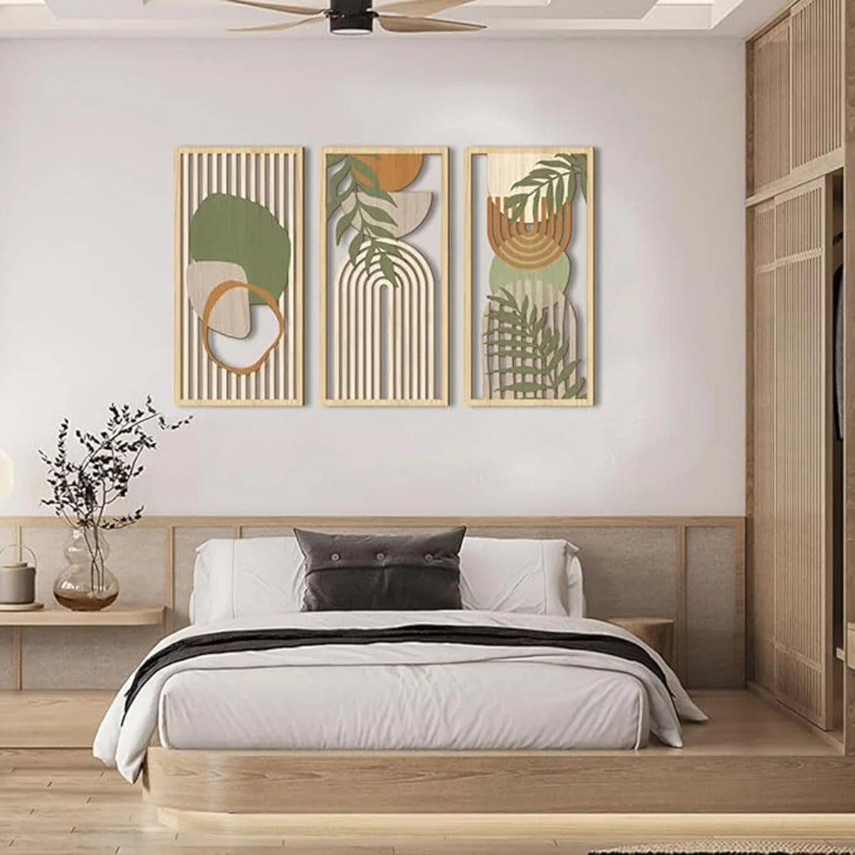 Kit 3 Quadros Decorativos Boho em Madeira – Arte Geométrica Abstrata para Parede