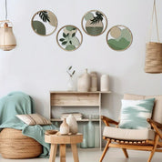 Kit 4 Quadros Redondos de Parede em Madeira – Arte Geométrica Boho Minimalista