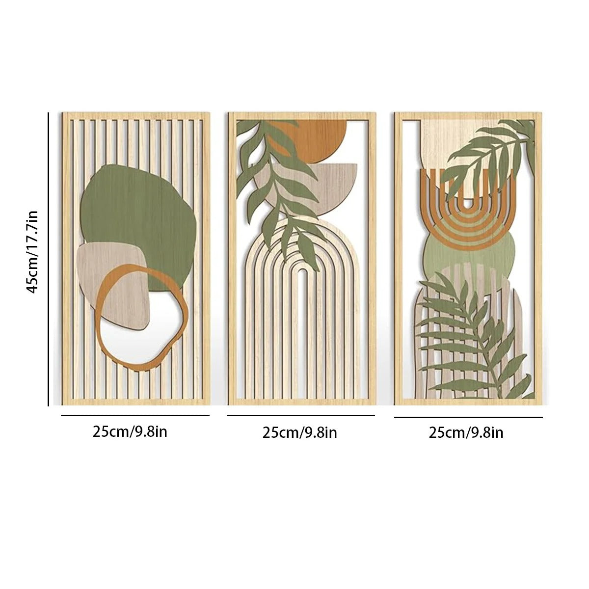 Kit 3 Quadros Decorativos Boho em Madeira – Arte Geométrica Abstrata para Parede