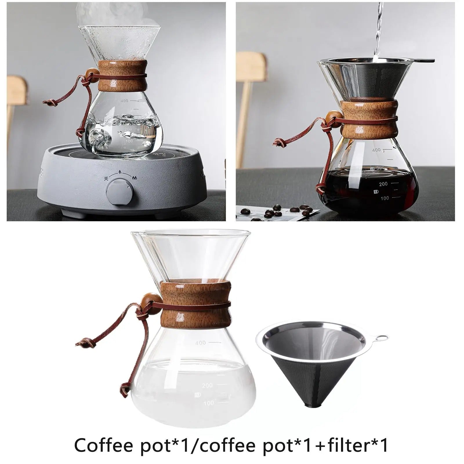 Cafeteira Pour Over 400ml com Filtro Reutilizável em Aço Inoxidável