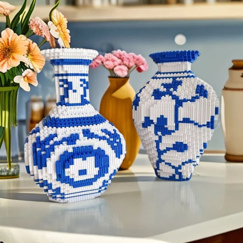 Vaso de Porcelana Chinesa DIY em Blocos de Construção – Azul e Branco 28cm