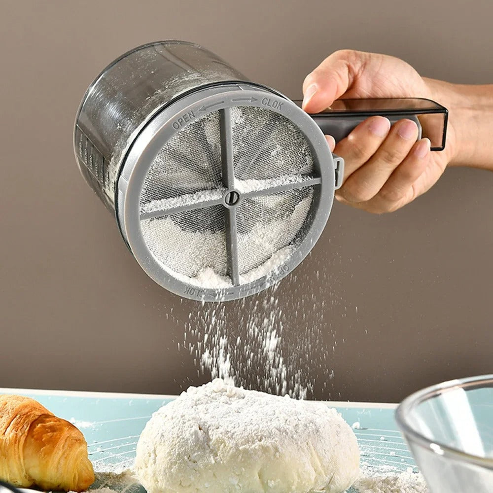 Peneira de Farinha Semiautomática com Alça – Tela Dupla em Aço Inoxidável