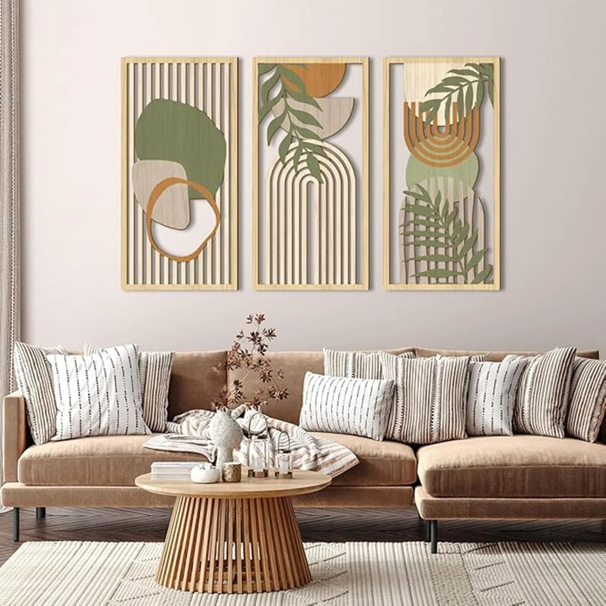 Kit 3 Quadros Decorativos Boho em Madeira – Arte Geométrica Abstrata para Parede