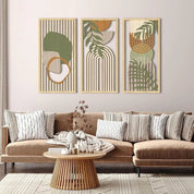 Kit 3 Quadros Decorativos Boho em Madeira – Arte Geométrica Abstrata para Parede