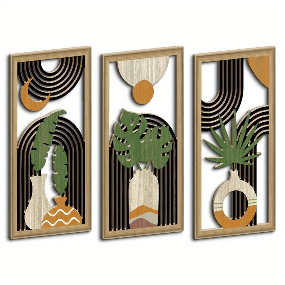 Kit com 3 Quadros de Parede em Madeira Estilo Boho – Arte Botânica
