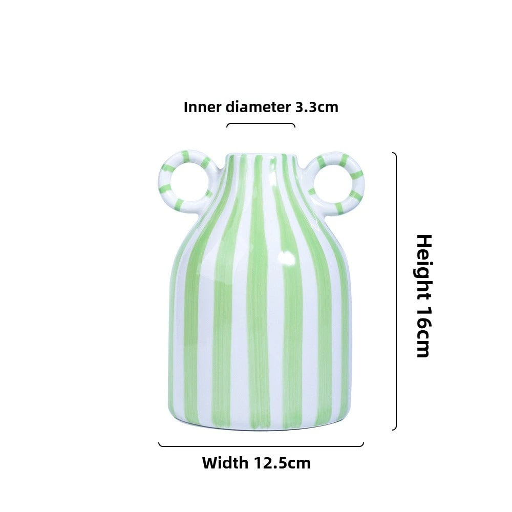 Vaso de Cerâmica Listrado com Alças Duplas – Estilo Nórdico Moderno 16cm