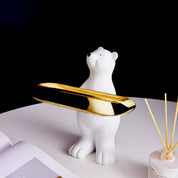 Porta-Objetos Urso Butler em Resina com Bandeja Dourada – Decorativo para Mesa