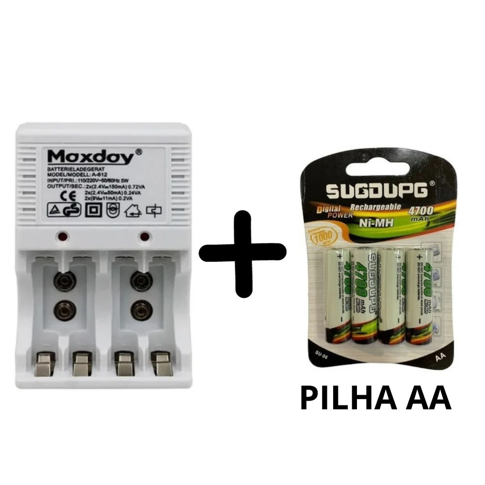 Kit Carregador de Pilhas AAA Bivolt + Pilhas Recarregáveis